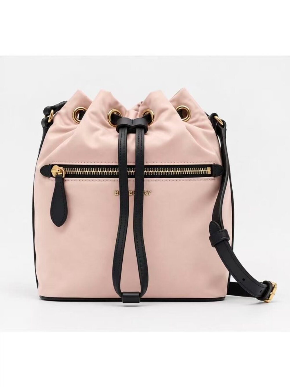Burberry Classic Nylon Drawstring Pouch Bucket Bag Rose Beige 8111265
